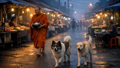 น้องหมาคู่หูเดินนำหน้าพระบิณฑบาตที่วัดสนามชัย อ่างทอง ภาพเช้าตลาดที่ทำคนยิ้ม